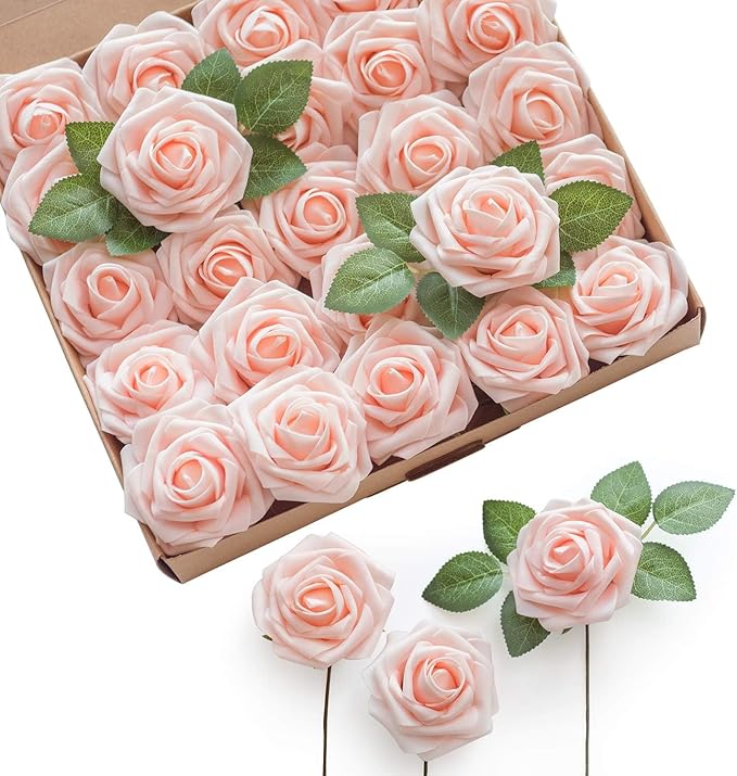 Ling's moment Artificial Flowers 25Pcs Pink Cream Roses Decor w/Stems,3" Real Touch DIY Foam Floral for Wedding Bouquet/Centerpieces, Outdoors Party Backdrop, Room/Table, and Garden/Pot Decorations