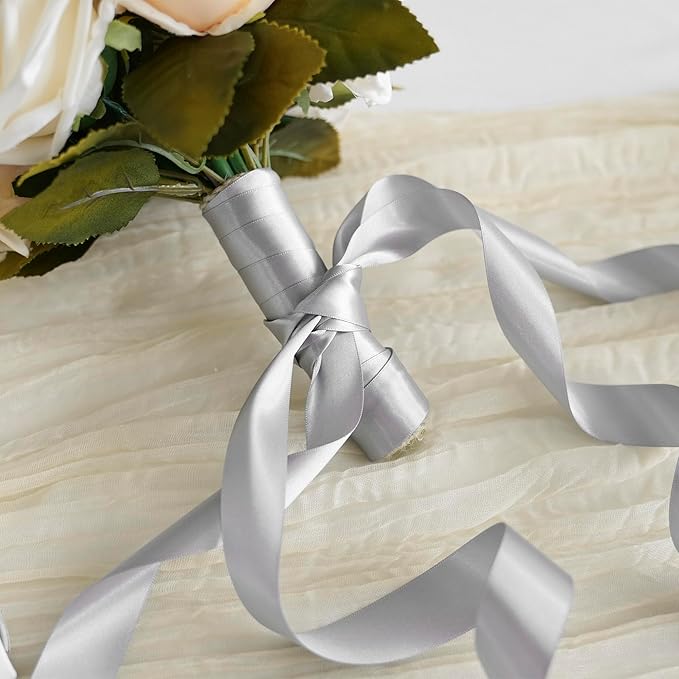 MEEDEE Silver Ribbon 1 Inch Silver Satin Ribbon Lux Double Faced Satin Ribbons by 50 Yards Polyester Wrapping Ribbons for Crafts, Weddings, Flower Bouquet, Holiday Decorating