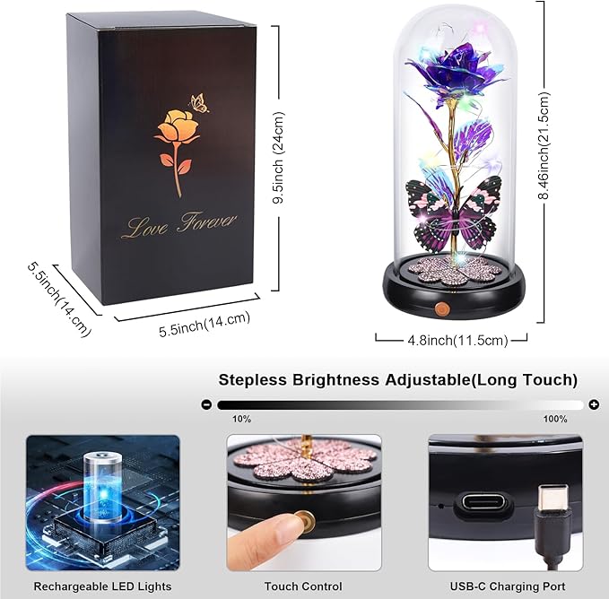 Christmas Rose Gifts for Women, Womens Gift for Christmas Rechargeable Galaxy Glass Rose Light Up Roses In Glass Dome Crystal Flower Butterfly Birthday Xmas Gifts for Women Wife Grandma Sister Purple