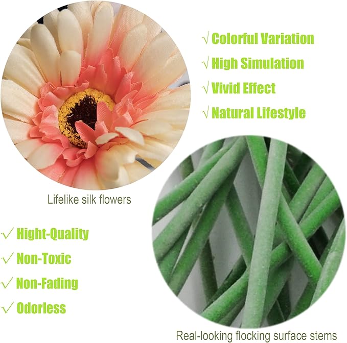 12pcs Artificial Gerbera Daisies,22 Inch Long Stem Silk Daisy Flowers,Realistic Artificial Flower Mums for Home Décor Centerpiece Wreath Supplies Wedding Bouquet,Princess Peach