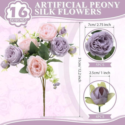 16 Bundles Artificial Peonies Silk Peonies Faux Flower Bouquet Fake Peony Flower Arrangements Table Centerpieces for Vase Wedding Party Boho Home Office Decoration Bulk (Pink, Purple)