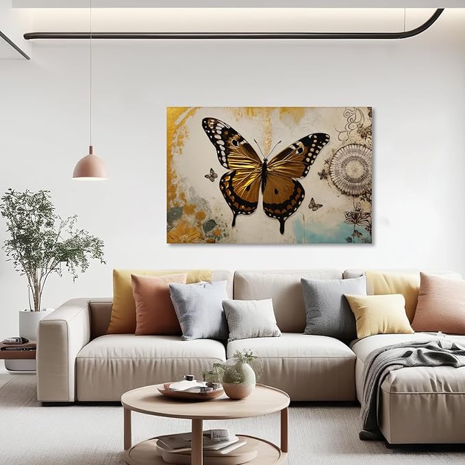 KPLUNDO Butterfly Wall Art Abstract Flower Picture Gray Gold Poster Vintage Painting Modern Artwork Home Decor for Living Room Bedroom Office Wall Decoration Ready to Hang(Art-3,12.00x18.00 inch)