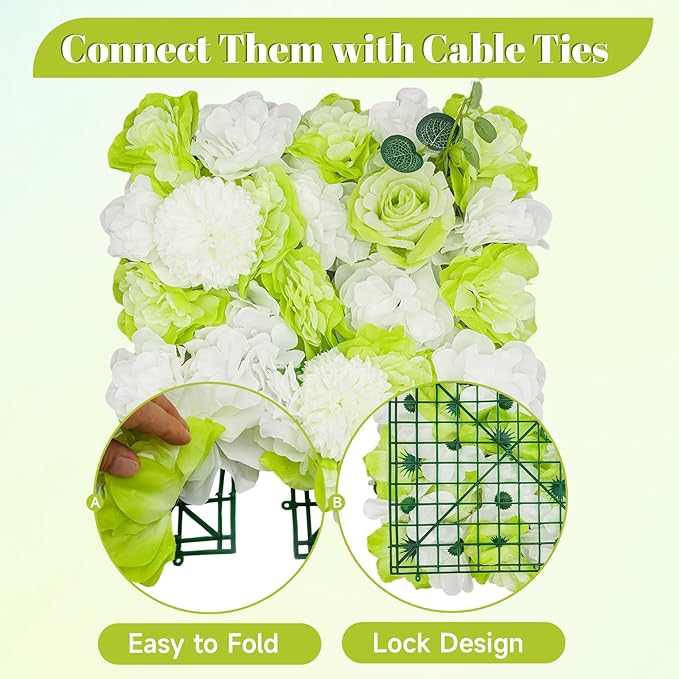 12Pcs Artificial Flower Wall Panel 3D Floral Backdrop Wall 15" X 15" Flower Wall Decor Flower Wall Backdrop Faux Flower Panel for Party Home Background Decor, Green