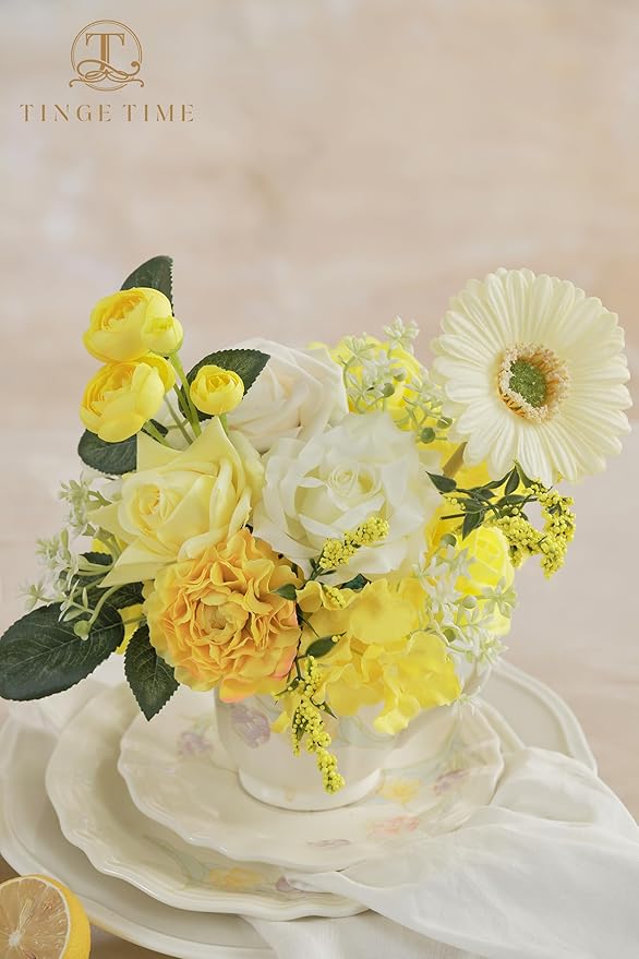 TINGE TIME Artificial Flowers Combo Mix Silk Flowers Yellow Roses w/stem for DIY Wedding Bridal Bouquets Baby Shower Floral Arrangement Table Centerpieces Home Decorations (Lemon Yellow)