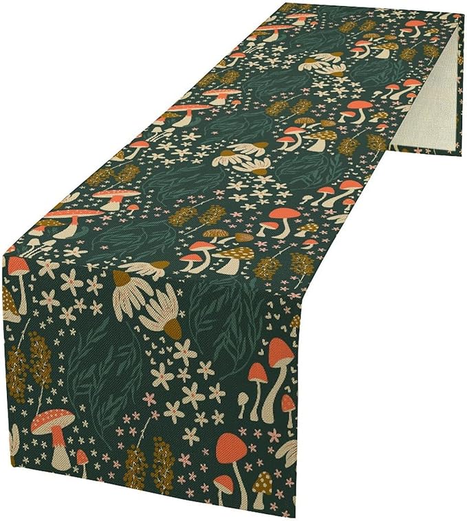 Mushroom Table Runner, Cartoon Woodland Summer Flowers Plants Forest Seasonal Spring Kitchen Dining Table Decoration for Home Party Decor, 13x108inch
