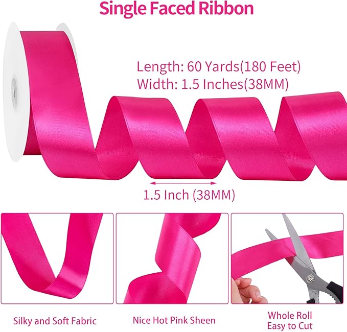 Hot Pink Ribbon 1-1/2 Inch 60 Yards Pink Christmas Decor Satin Ribbon for Flower Bouquet Gift Wrapping Bows Crafts Wedding Holiday Decorations