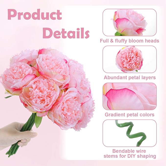 10PCS Pink Realistic Artificial Flowers Peony Fake Silk for Home Office Wedding Table Centerpieces Party Festival Bar Decoration Indoor