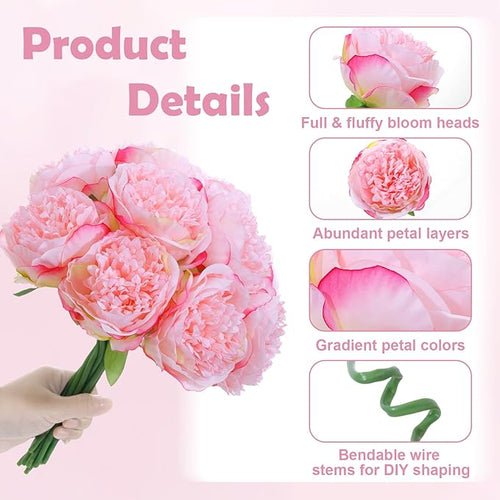 10PCS Pink Realistic Artificial Flowers Peony Fake Silk for Home Office Wedding Table Centerpieces Party Festival Bar Decoration Indoor