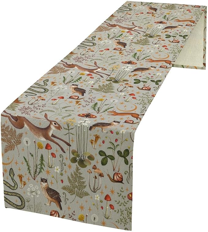 Rustic Forest Table Runner, Retro Country Wild Animals Hare Squirrel Owl Snake Snail Flowers Mushroom Print Table Cover for Home Holiday Party Indoor Outdoor, 13x36inch
