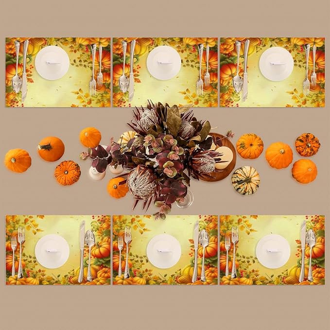 Thanksgiving Fall Yellow Pumpkin Placemats Set of 6 PVC Vinyl Non Slip Table Mats Heat Resistant Place Mats Washable Wipeable Dining Table Mat for Kitchen Decor Party Indoor Outdoor Decorative Gift