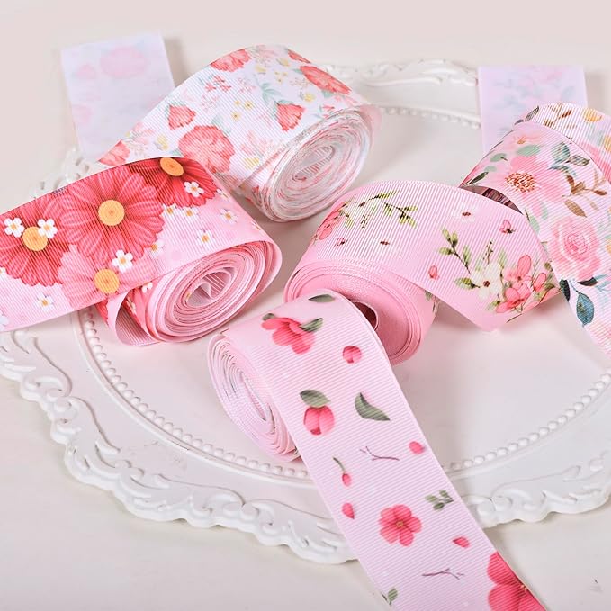 Floral Grosgrain Ribbon, 5 Rolls Flower Pattern Ribbon Spring Summer Fabric Decorative Craft Ribbon Roll for Gift Wrapping Decor Hair Bow Sewing Wreath Crafts (Pink Floral, 2.5Inch X 20Yards)