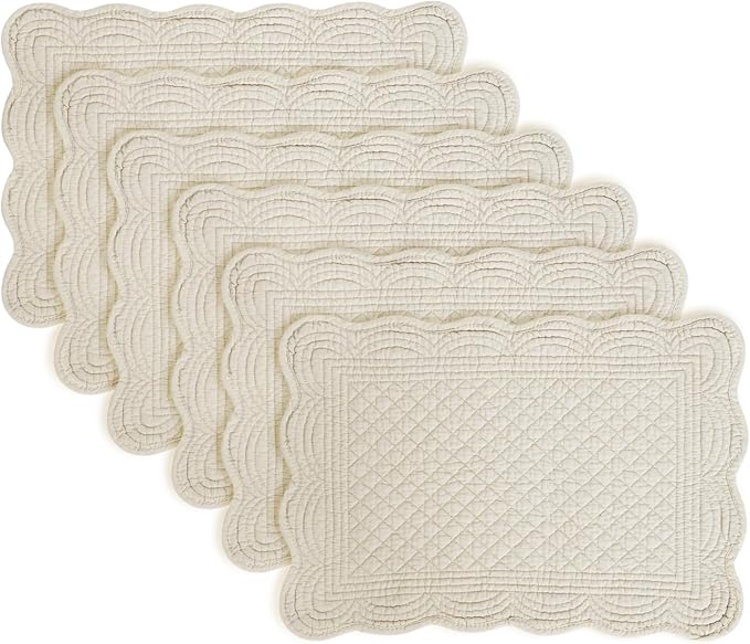 6 PCS Quilted Placemats -13x18 inches, 100% Cotton Placemats with Microfiber Filling, Thick & Washable Place Mats for Durable Use, Rectangular Placemats with Scalloped Edge for Kichen and Dining, Flax