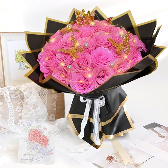 Pink Glitter Roses Bouquet, 24 Pcs Shiny Glitter Flowers Bouquet, Everlasting DIY Artificial Roses Bouquet for Christmas, Birthday, Anniversary, Wedding, Engagement