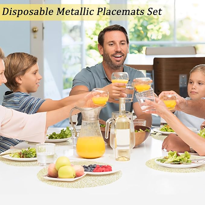 Hysenm 100 Pcs Disposable Gold Placemats Set Metallic 13 Inch Round Foil Mesh Pressed Table Doilies, Ultra-Thin Disposable Placement Mats for Home Decoration Dining Table Wedding Birthday Party