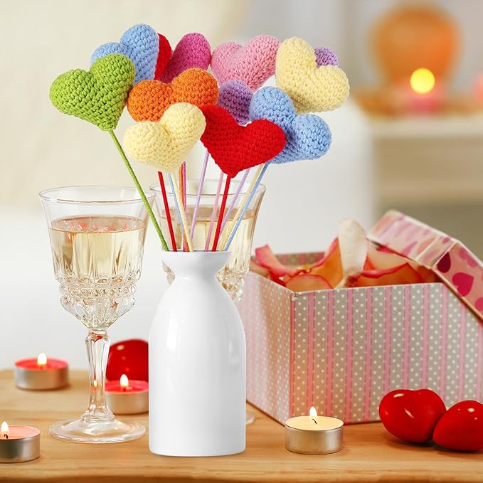 YoungJoy 12 Pcs Crochet Rose Handmade Knitted Flowers Tulip Sunflower Daisy Heart Artificial Knitted Floral Mother Day Graduation Home Decor(Colorful Heart)