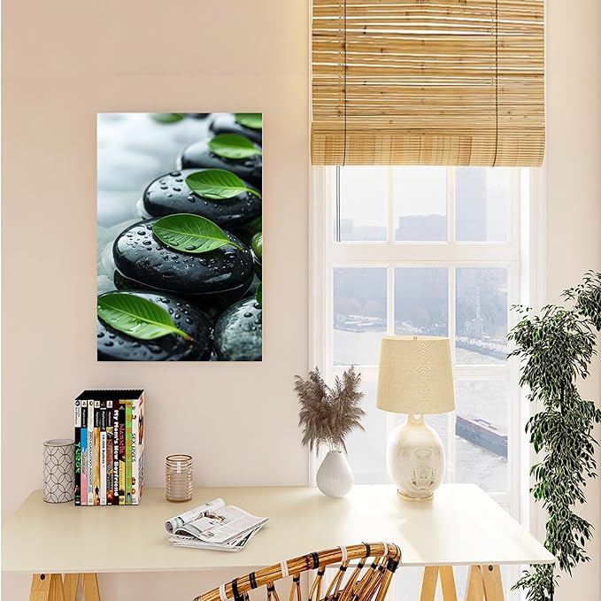 Glittering black stone cluster with fresh green leaves and water drops poster tranquil mist rain wall art zen wall art suitable for modern minimalist home decor 16x24in Wood Framed