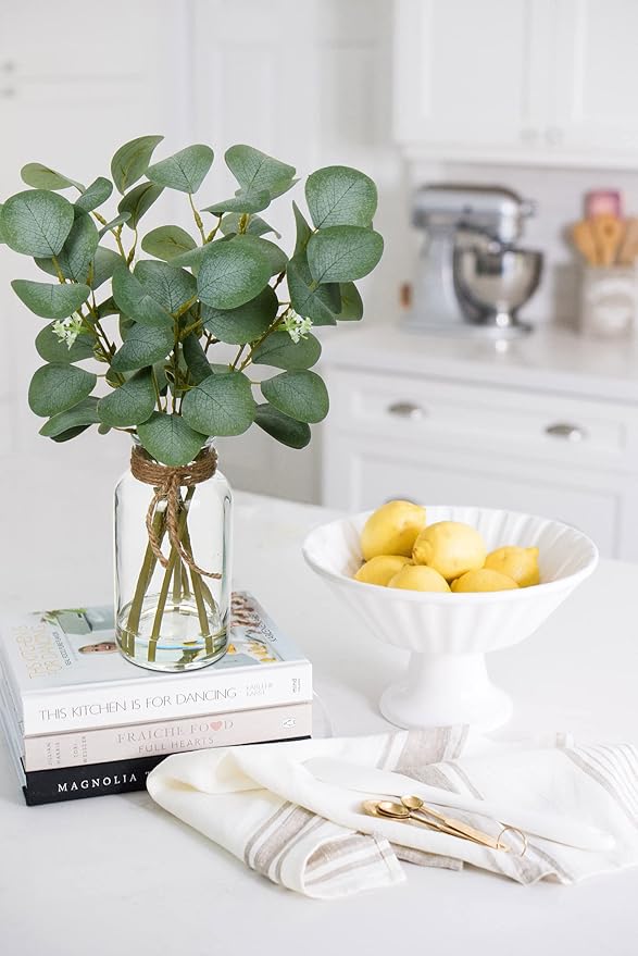 Briful Artificial Eucalyptus Stems in Glass Vase with Faux Water, 14" Fake Plant Eucalyptus Leaves for Home Bathroom Office Farmhouse Wedding Centerpiece Décor