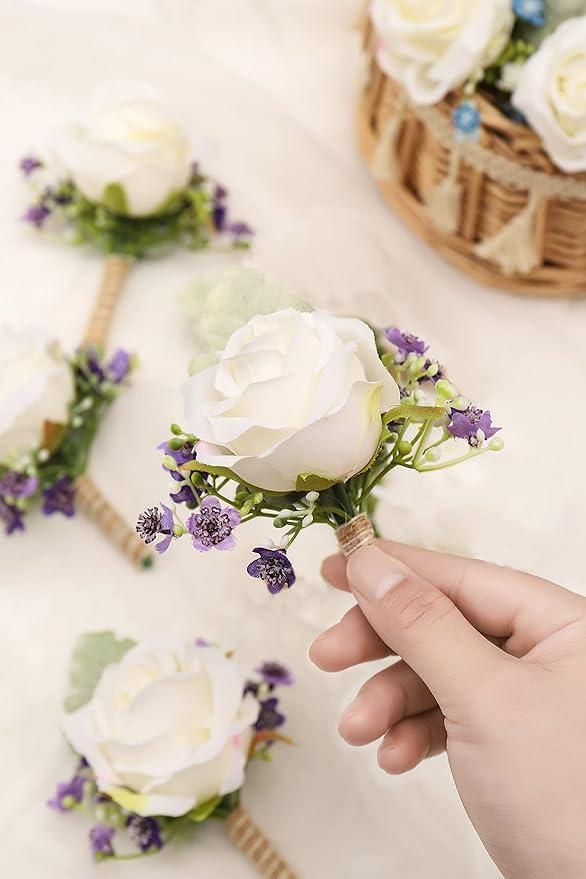 White Rose Boutonnieres for Men Wedding Baby's Breath Boutonniere for Best Men Groom Groomsmen Wedding Prom Set of 6 (6pcs White+Purple Boutonnieres)