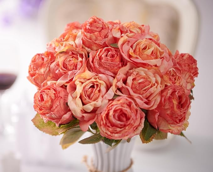 Rose Artificial Flower 28pcs Realistic Faux Silk Roses Fake Flowers Bouquets Arrangements Decor for Wedding Spring Mother's Day, Home Table Decorations, Orange Flower