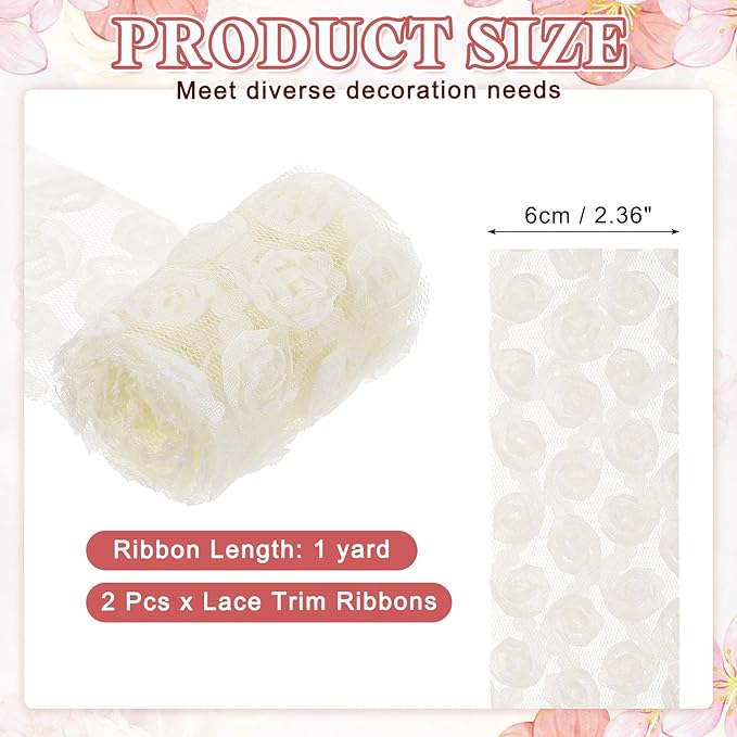 uxcell 2PCS Lace Trim Ribbon, 2.36 inch - 1 Yard 3D Rose Floral Embroidery Ribbons Edge Trimming for Sewing, Wedding Dress, DIY Crafts, Decoration Accessories, Beige