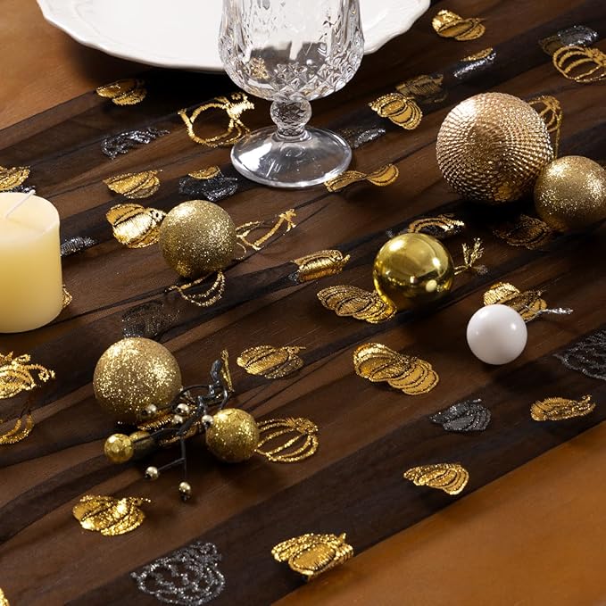 Socomi Gold Table Runner Fall Pumpkin Gauze Sheer Chiffon Cheesecloth Sequin 10FT Glitter Metallic Foil Dining Wedding Birthday Party Baby Shower Holiday Centerpiece Table Decor Black