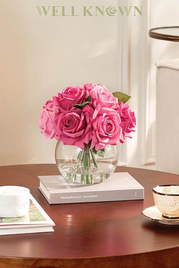 WELL KNOWN Artificial Flowers with Vase, Silk Rose Artificial Flowers Table Centerpieces with Faux Water for Home Decoration Fake Roses Flower Arrangements for Table Decor (Fuchsia)