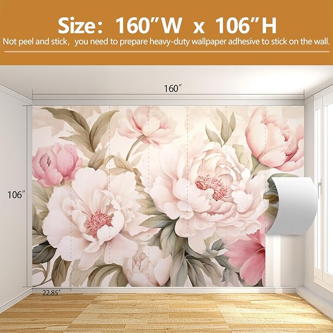 Pink Floral Wallpaper Large Peony Flowers Wall Mural for Girls Room Bedroom（Not Peel and Stick）