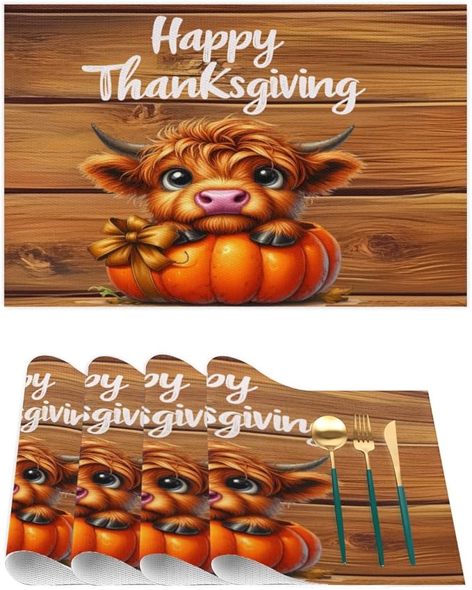 Thanksgiving Pumpkin Highland Cow Placemats Set of 4 PVC Vinyl Non Slip Table Mats Heat Resistant Place Mats Washable Wipeable Dining Table Mat for Kitchen Decor Party Indoor Outdoor Decorative Gift