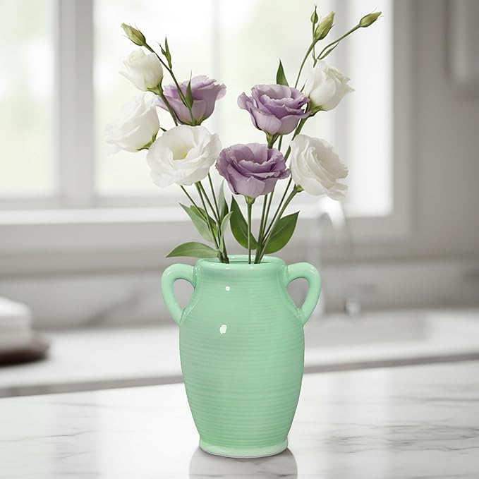 Sunddo Green Ceramic Flower Vase for Home Decor - 8 Inch Modern Decorative Vase with 2 Handles, Centerpieces, Kitchen, Dining Table, Bathroom, Shelf and Living Room