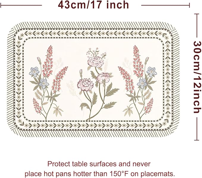 ISAENNE PVC Placemats Set of 6,Rectangular Floral Placemats, Waterproof and Heat-Resistant Place Mats,Decoration for Kitchen, Dinning, Parties, Holiday,12"*17"