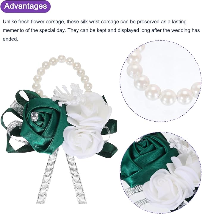 MECCANIXITY 6Pcs Wrist Corsage Artificial Flower Bracelets Rose Wrist Bride Groom Decorative for Wedding Ceremony Prom Party Anniversary Dark Green