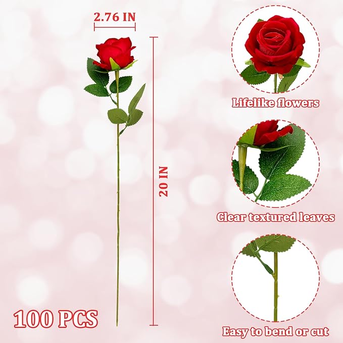 Wondrus Bulk Artificial Flowers 100 PCS, Fake Velvet Silk Red Roses with Long Stems Realistic Bouquet for Wedding Centerpieces, Faux Arrangement for Home Table Decor