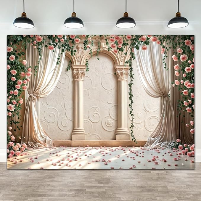 Wedding Party Backdrop, Floral Grass Wall White Sheer Curtain Flower Arch Photography Background, Greek Rose Wall Arch Lover Marriage Proposal Bridal Reception Photo Booth Props Banner 7x5ft