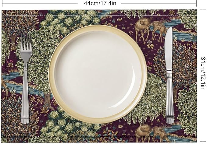 William Morris Flower Placemats Set of 4, Vintage Boho Floral Tree Plant Deers Woodland Animals Place Mats, Heat Resistant Non Slip Cotton Linen Dining Table Mats for Home Kitchen Party 18x12 Inch 1PC