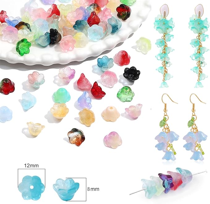 LadayPoa 100pcs Glass Bellflower Beads for Jewelry Making Trumpet Flower Beads Gradient Clear Cute Beads for Bracelets Making Aesthetic Bead Charms for DIY Necklace Decoration-Sky Blue