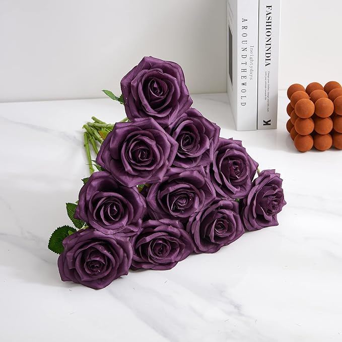 Plum Artificial Rose 10pcs Open Flower Bouquet Faux Rose Stems for Wedding Arrangement, Bridal Bouquet, Centerpiece, Fake Faux Silk Flowers