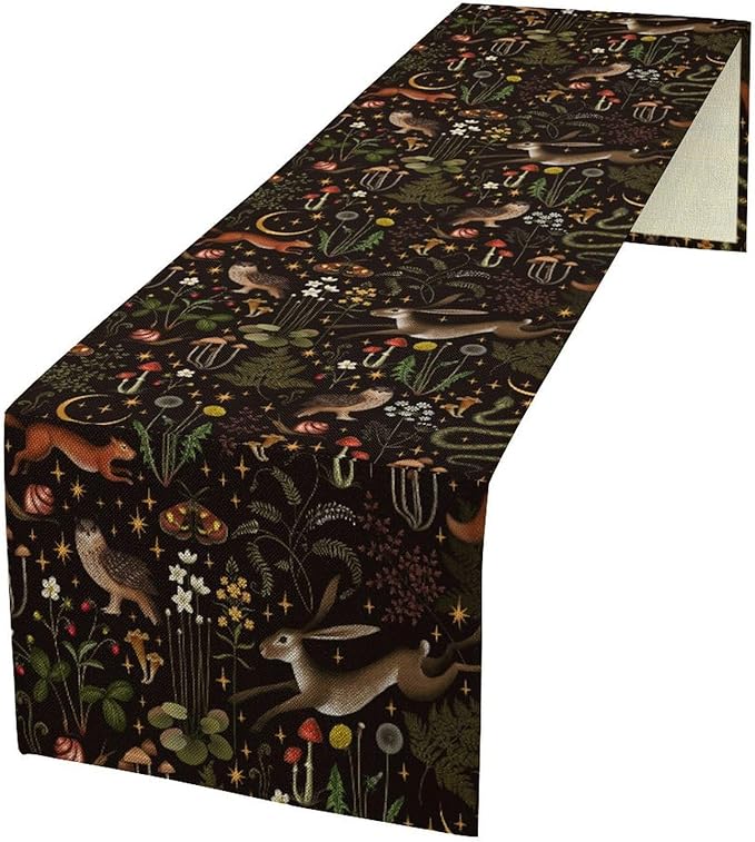 Rustic Forest Table Runner, Farmhouse Country Fairy Woodland Wild Animals Butterfly Mushroom Table Runner for Home Kitchen Dining Table Decor, 13x108inch