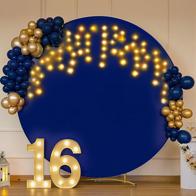 7.2 FT Navy Blue Round Backdrop Cover with Lights String for Circle Arch Stand Circle Backdrop Covers with LED Fairy Lights for Wedding Arch Baby Shower Birthday Party Photo Photography Background