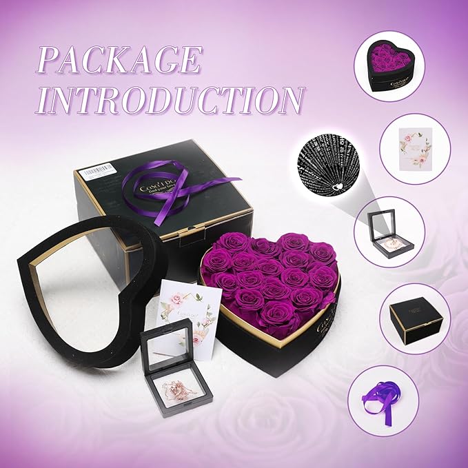 Preserved Roses Flowers for Delivery 16 Pcs, Forever Flores in Heart Box with Necklace, Eternal Rose Anniversary Birthday Gift for Women Wife Girlfriend, Rosas for Valentines Christmas, Purple