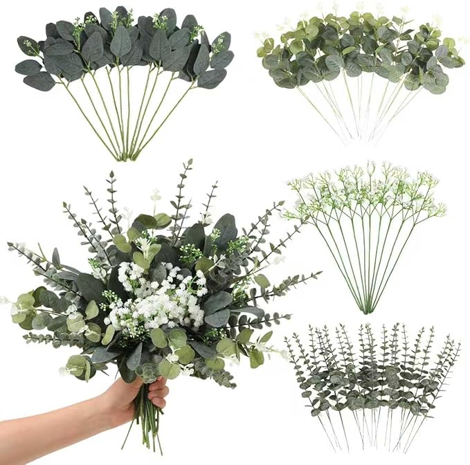 60 Pcs Mixed Artificial Eucalyptus Leaves Stems Bulk,Baby Breath Artificial Flowers Bulk with Eucalyptus Leaves Greenery Stems for DIY Bouquets Wedding Floral Home Decor (Green-60pcs)