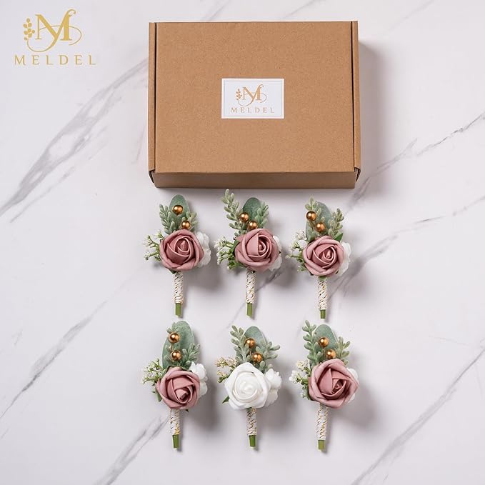 Meldel Pink Boutonniere for Men Wedding,Set of 6,Dusty Rose Groom Groomsmen Boutonniere for Wedding,Prom,Homecoming,Party,etc.
