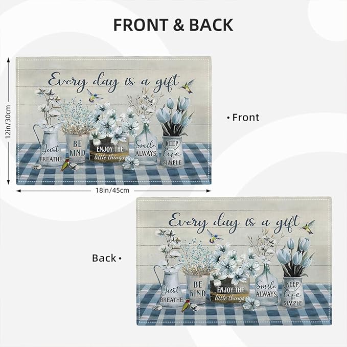 Farmhouse Spring Flower Placemats Set of 6 Every Day is A Gift Rustic Floral Double-Sided Table Mats for Dining Room Home Party Indoor 6 PCS 12x18 Inch