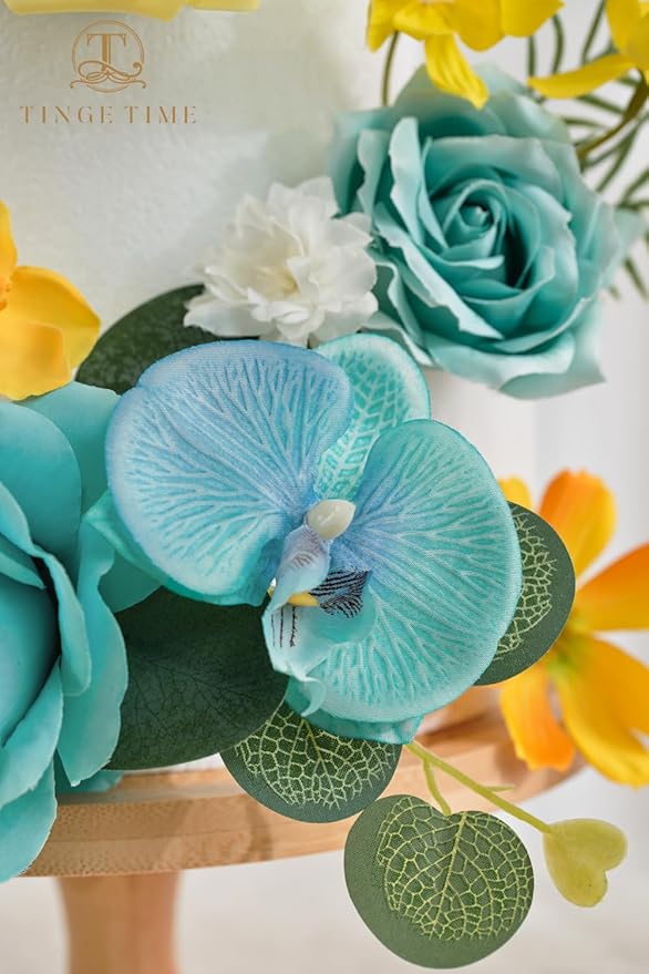 TINGE TIME Artificial Flowers Combo Set Teal Blue & Yellow Flowers Mix Silk Flowers Roses with Stem for DIY Wedding Bridal Bouquets Baby Shower Floral Arrangement Table Centerpieces Home Decorations