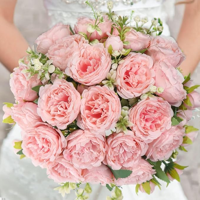 Artificial Peonies Silk Flowers, Pink Faux Peony Bouquet 2 Bundles Florals Arrangements for Farmhouse Home Boho Wedding Table Centerpiece, Fake Plastic Flower Bulk for Vase Decoration (Light Pink)