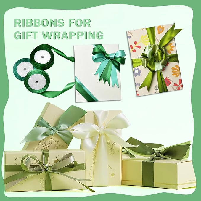 150 Yards Green Satin Ribbon 1-1/2 Inch 6 Rolls Assortment Ribbons for Crafts Gift Wrapping Flower Bouquet Wedding Invitations Birthday Party Festival Decoration Hair Bows