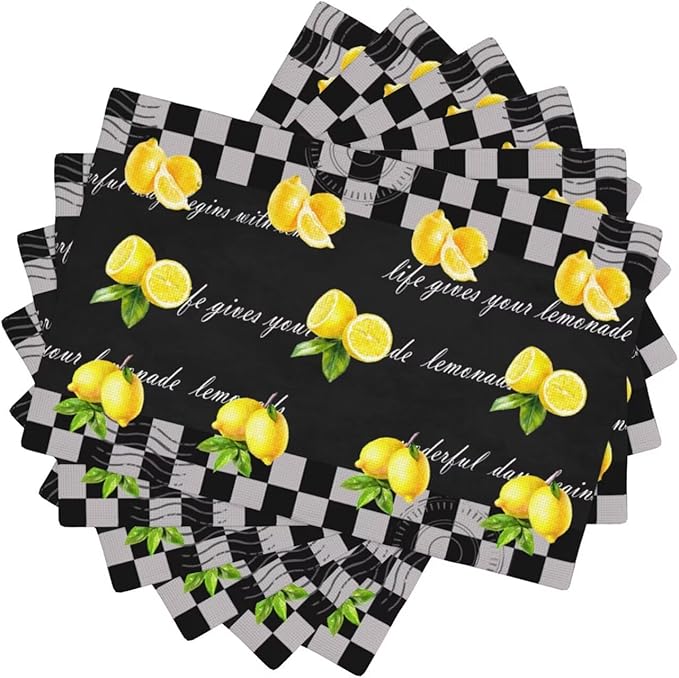 Lemon Kitchen Table Placemats Set of 6 Vintage Black White Checkered Summer Fruit Print Placemat Indoor Outdoor Party Home Desktop Dining Room Decor 12x18 Inch