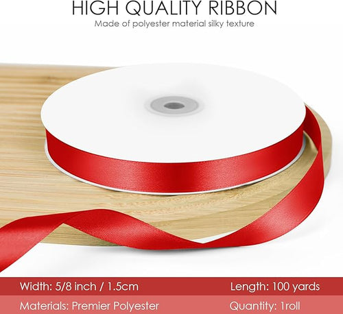 100 Yards 5/8 inch Satin Ribbon, Fabric Ribbon Solid Color Perfect for Gift Wrapping, Wedding, Handmade Bows, Floral Bouquets and Party Decoration(red)