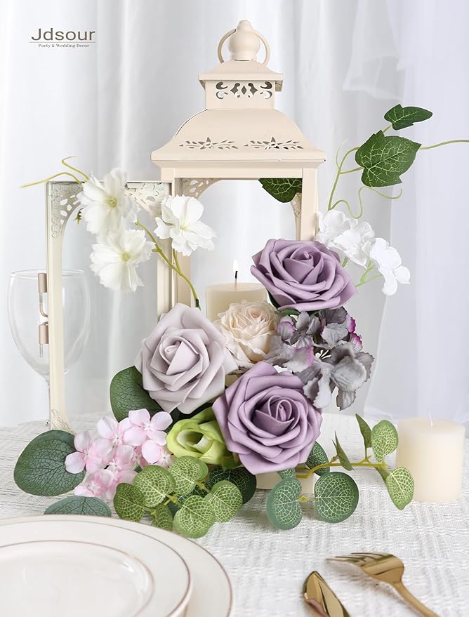 50pcs Artificial Flower，Real Touch Foam Roses w/Stem DIY for Wedding Bouquet Centerpieces Party Shower Home Decor-Violet Lavender Purple