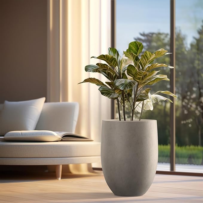 Kante 21.7" H Buff Concrete Tall Planter, Large Outdoor Indoor Decorative Pot with Drainage Hole and Rubber Plug, Modern Round Style for Home and Garden