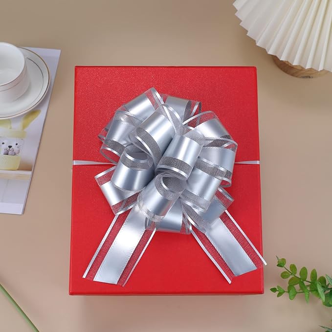 12 Pieces Pull Bow Wrapping Pull Bow Ribbon Pull Bows for Wedding Baskets,6 Inches Diameter Gift Bows, Large Bows for Presents. (Silver)